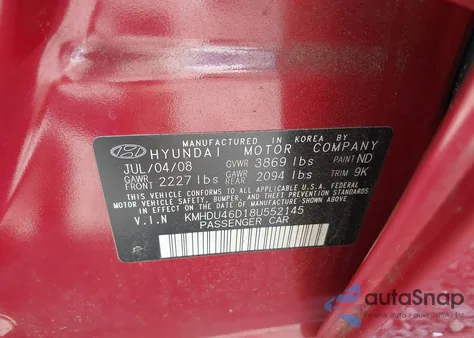2008 Hyundai Elantra Gls/Se z USA, uszkodzony, nr VIN KMHDU46D18U552145